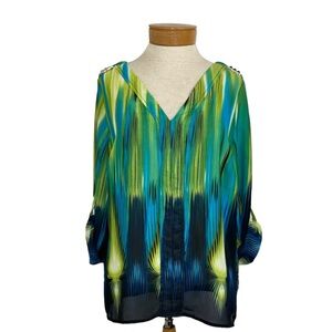 Cato Sz M Green Blue Sheer Blouse with Camp Sleeve